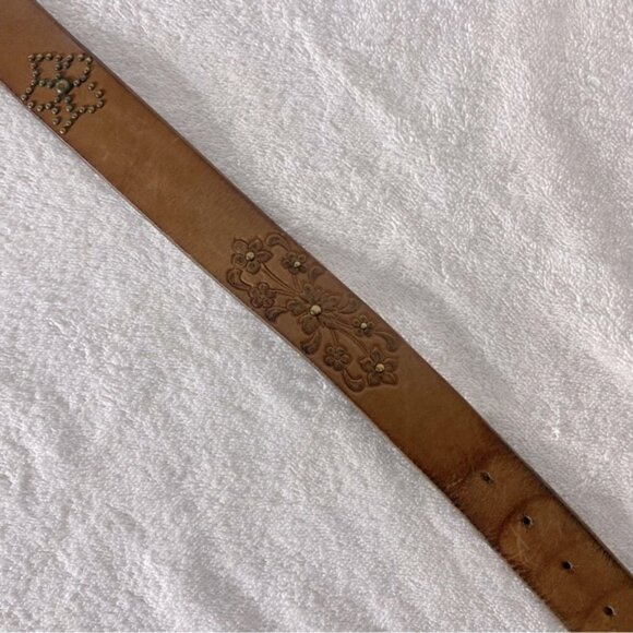 Vintage Bluenotes Brown Leather Boho Belt With Brass Tone Flowers - Picture 6 of 13